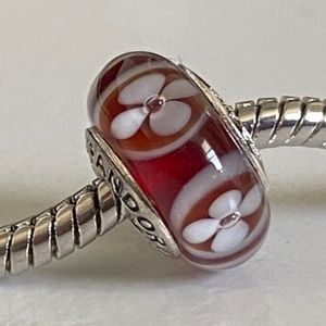 PANDORA Silver 925 ALE Murano Glass Screw Core White Flowers on The Red Beads